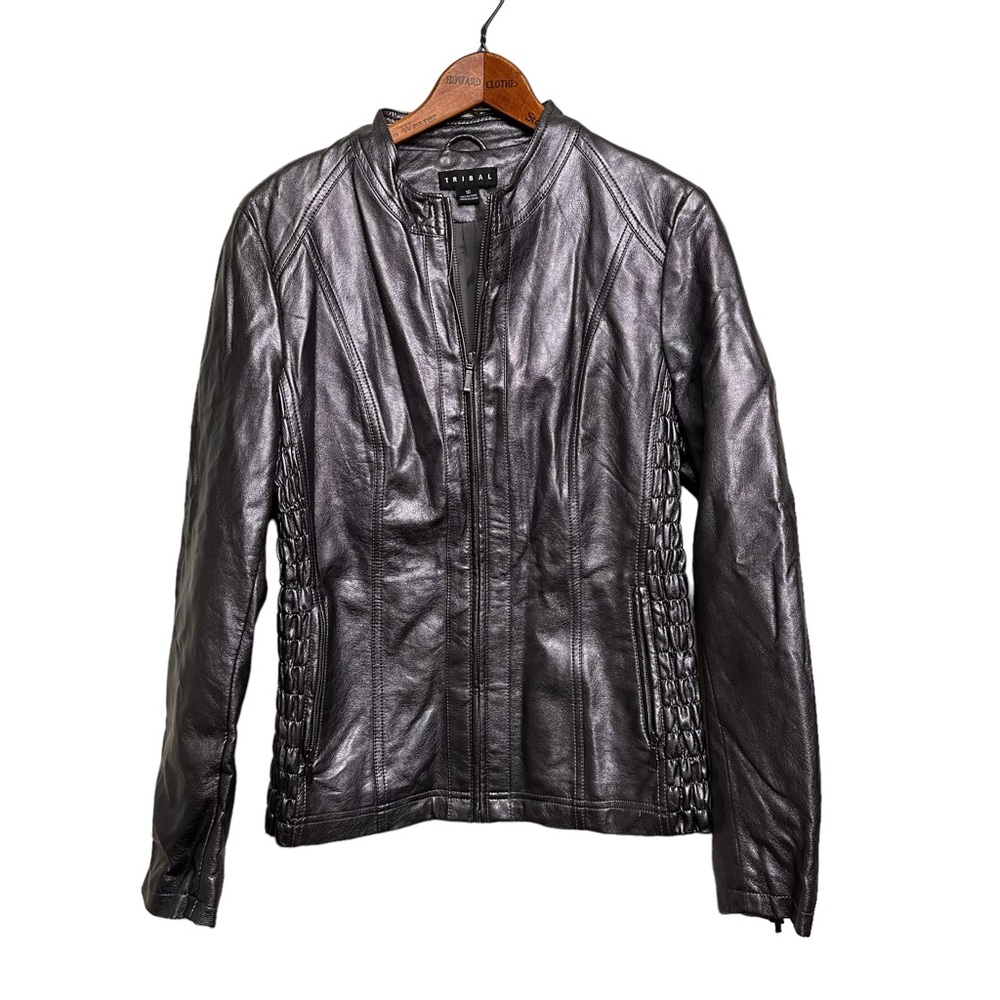 Tribal Vegan Leather Moto Jacket Gunmetal Grey Size 10